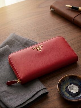 Prada Saffiano Zip Around Wallet in Red with Gold Logo EUC 💯 Authentic